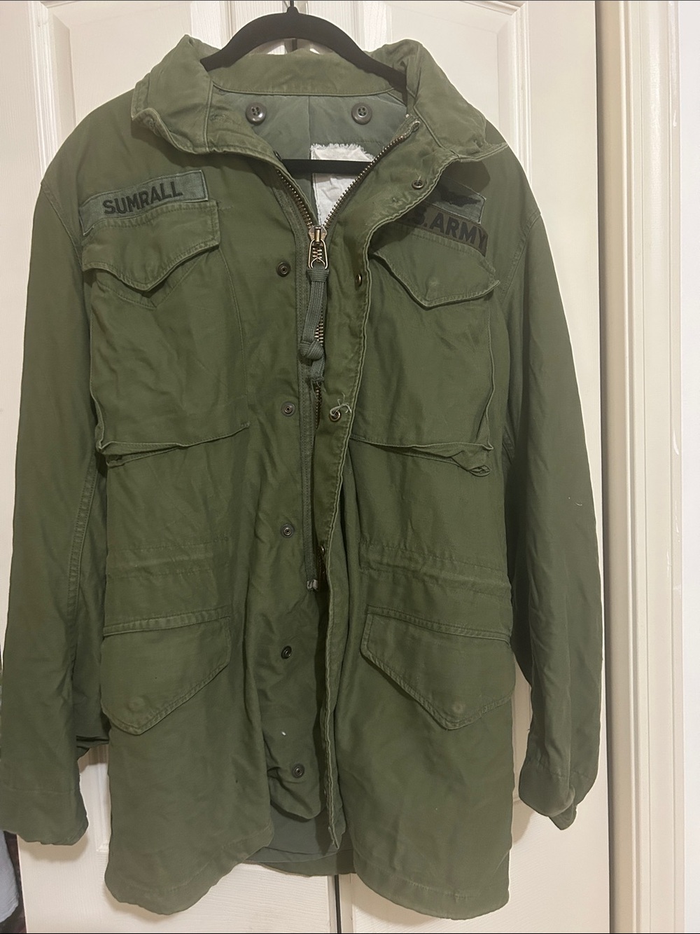 Vintage US Army M-65 Style Field Jacket OD Green Named SUMRALL 3 DivisionPatches